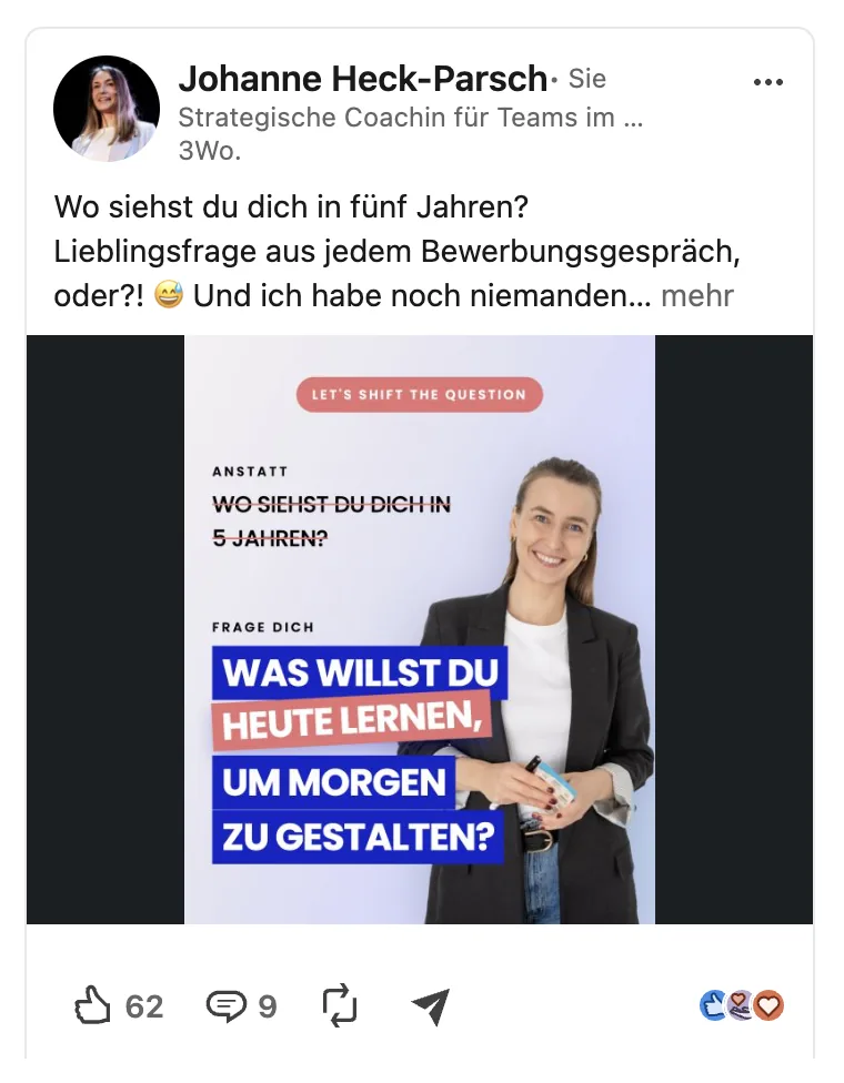 LinkedIn-Beitrag von Johanne Heck-Parsch: „Was willst du heute lernen, um morgen zu gestalten?“